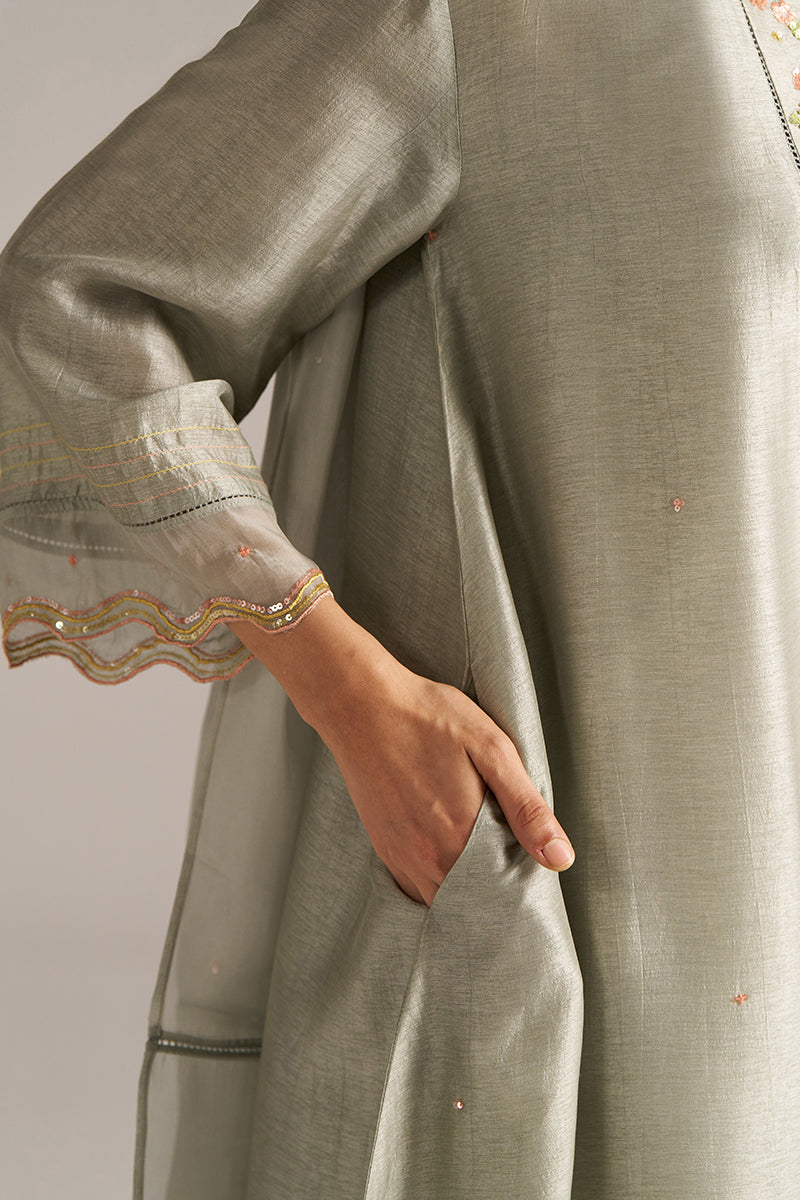Seagrass Grey Raw Silk Festive Kurta Set