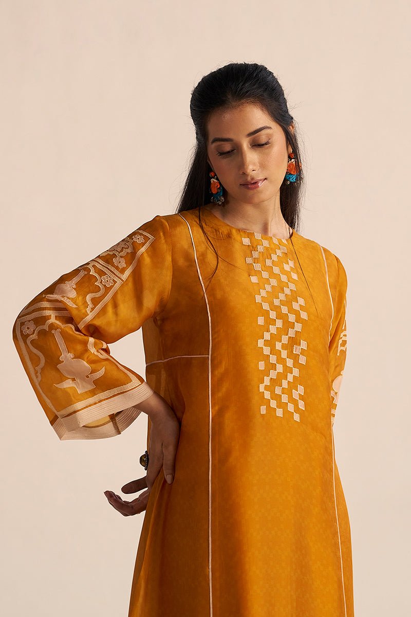 half body view model nugget yellow silk co ord set