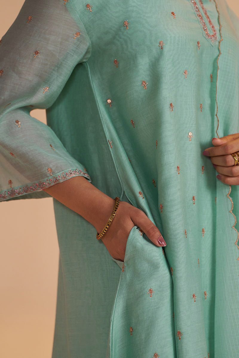 Pale Turquoise Chanderi Silk Festive Kurta Set - Ganga Fashions