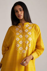 front model view Yellow & Cream Mul Mul Print Co-Ord Set