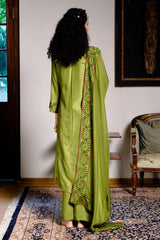 Green Olive Raw Silk Festive Kurta Set