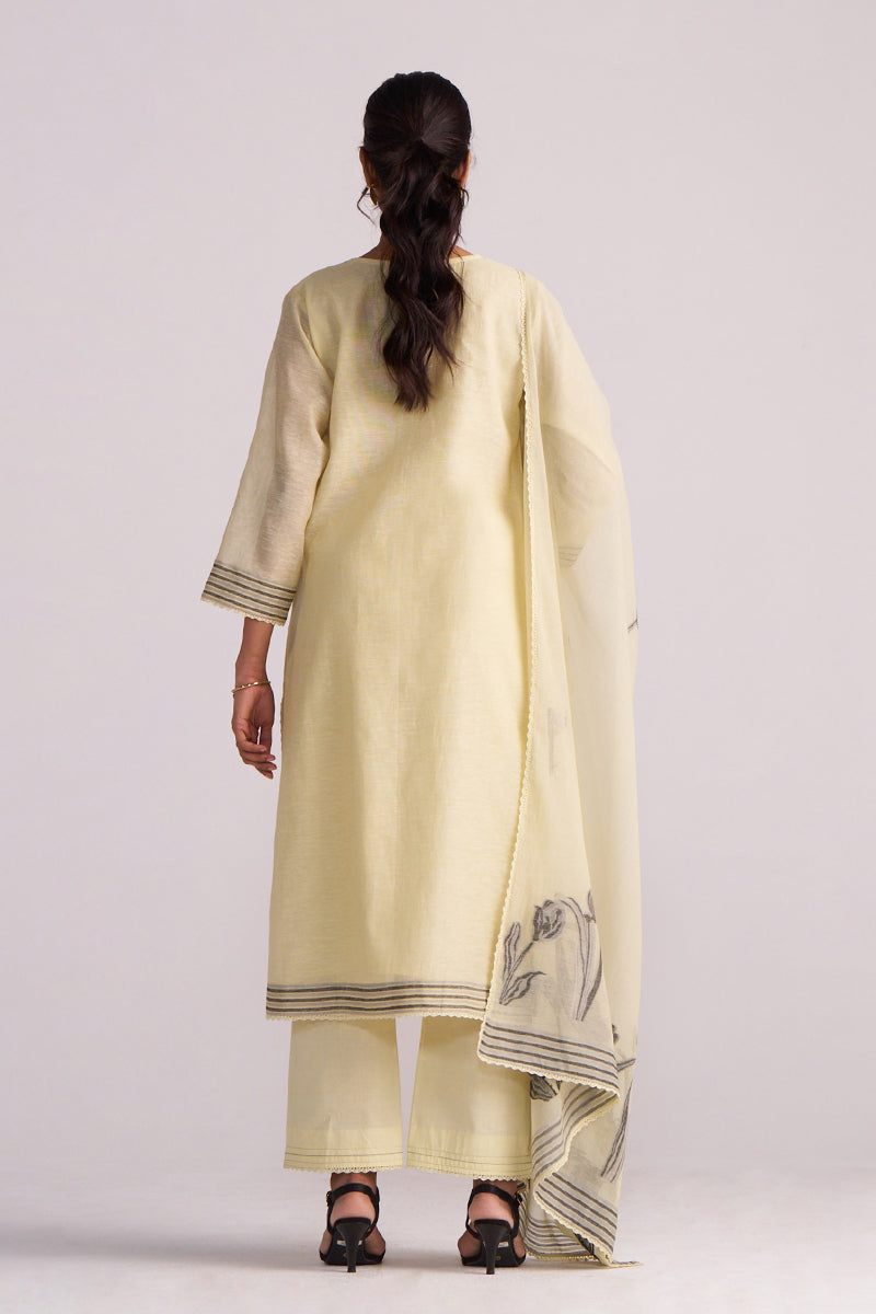 Woman wearing a Butter Yellow Chanderi Woven Kurta Set with a scarf on a white background