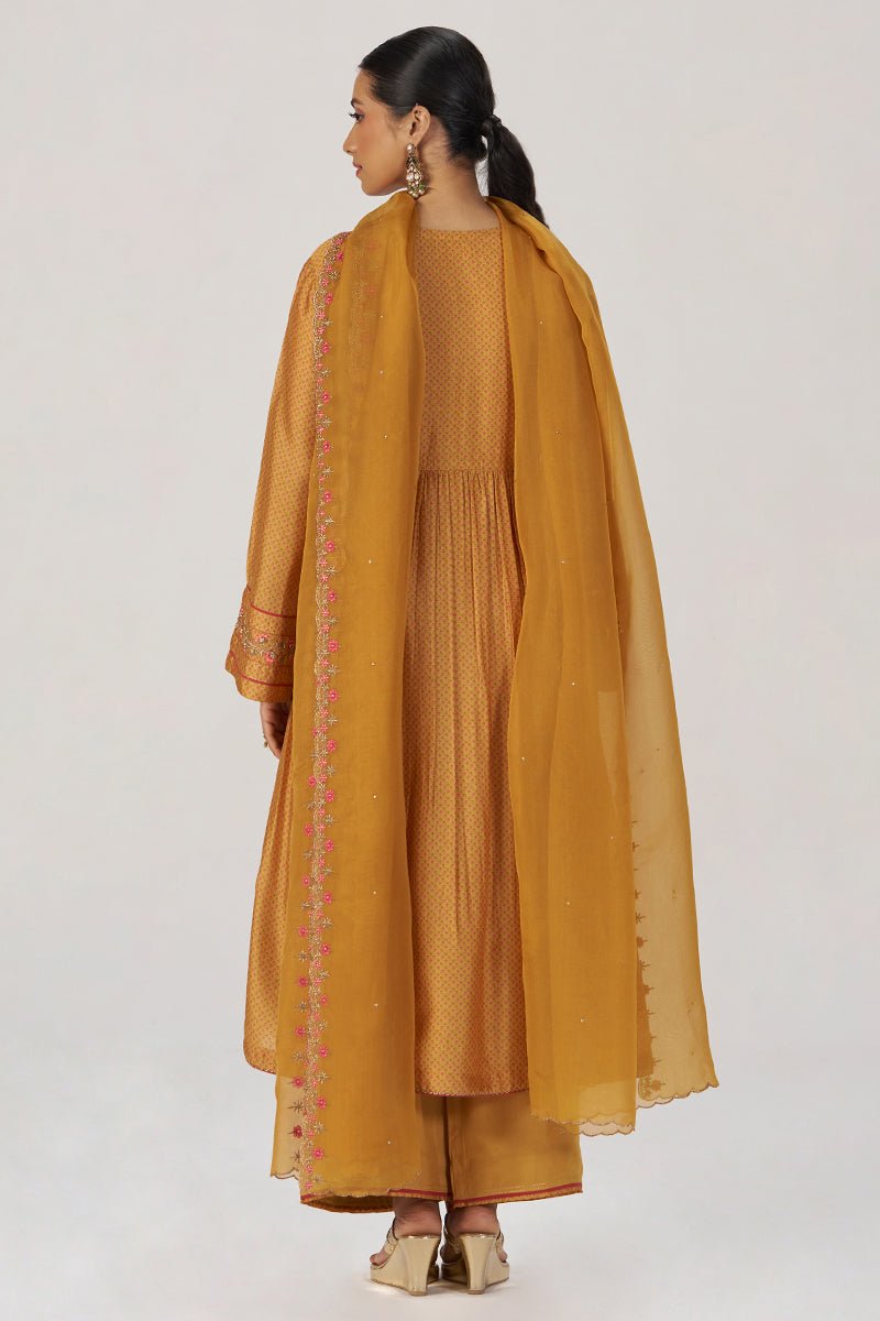 Light Mustard Print and Embroidered Festive Kurta Set - Ganga Fashions