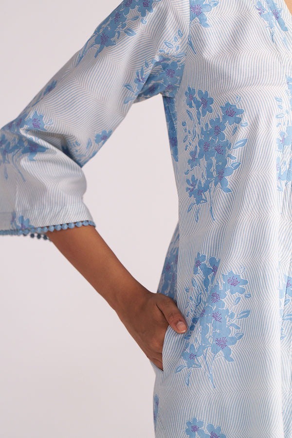 Cream and Dusty Blue Hand-Print Cotton Co-ord Set wearing it.
