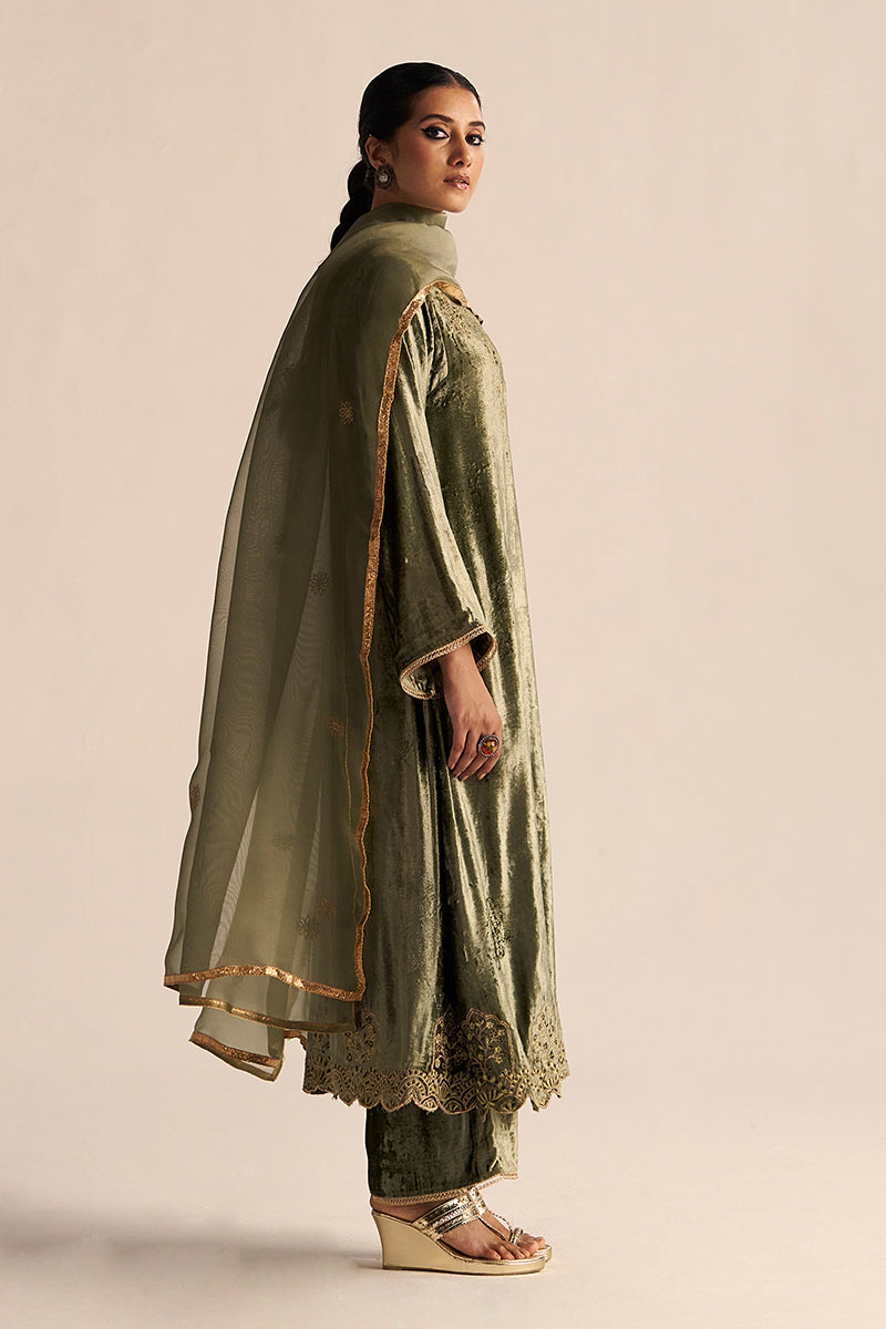 Deep Lichen Green Velvet Festive Kurta Set