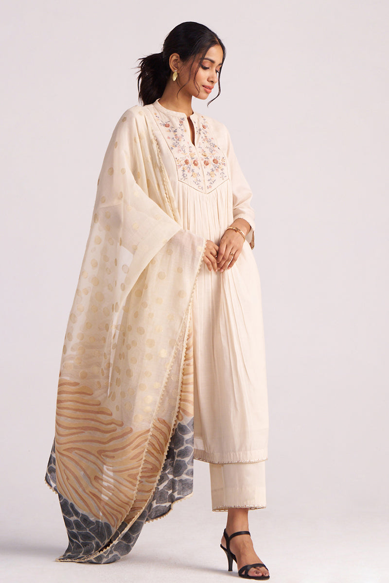 Beige Mul-Chanderi Embroidered Kurta Set