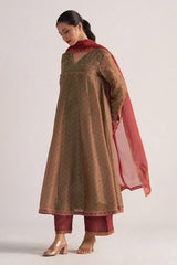 Lark Beige and Dull Maroon Tissue Print Kurta Set