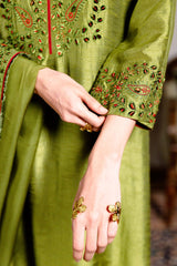 Green Olive Raw Silk Festive Kurta Set