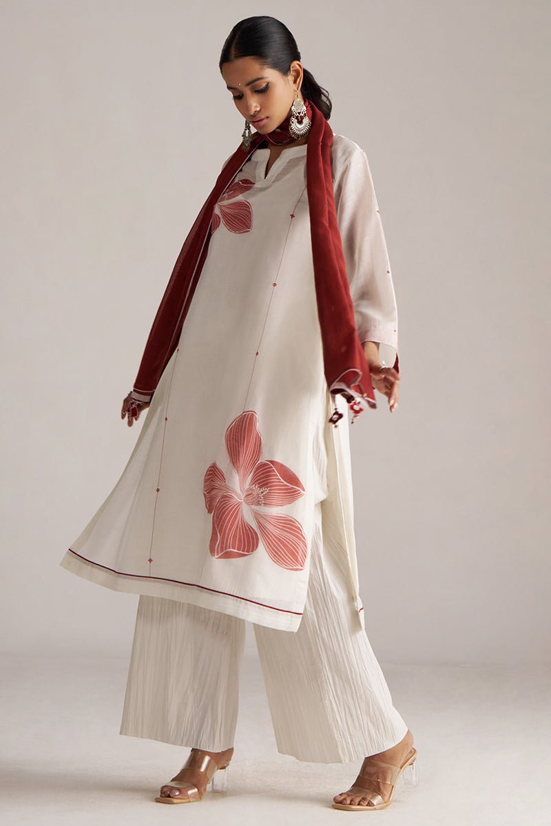 Ivory and Maroon Pure Chanderi Kurta Set