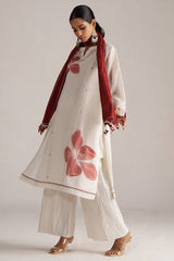 Ivory and Maroon Pure Chanderi Kurta Set