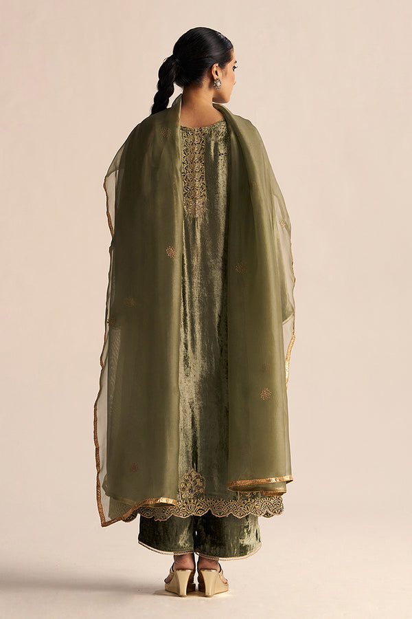 Deep Lichen Green Velvet Festive Kurta Set