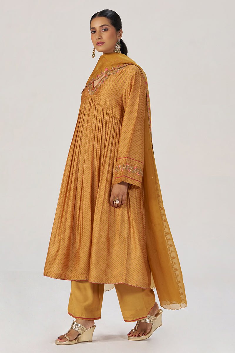 Light Mustard Print and Embroidered Festive Kurta Set - Ganga Fashions