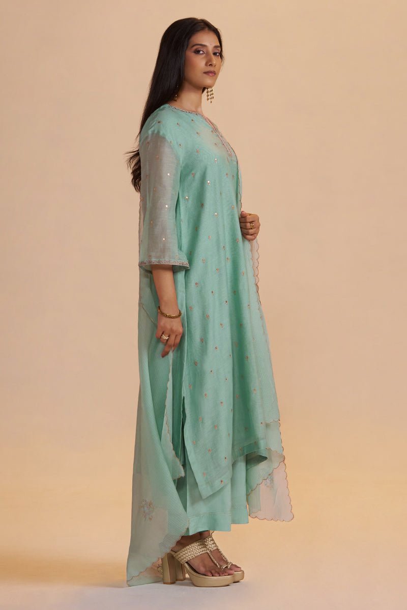 Pale Turquoise Chanderi Silk Festive Kurta Set - Ganga Fashions