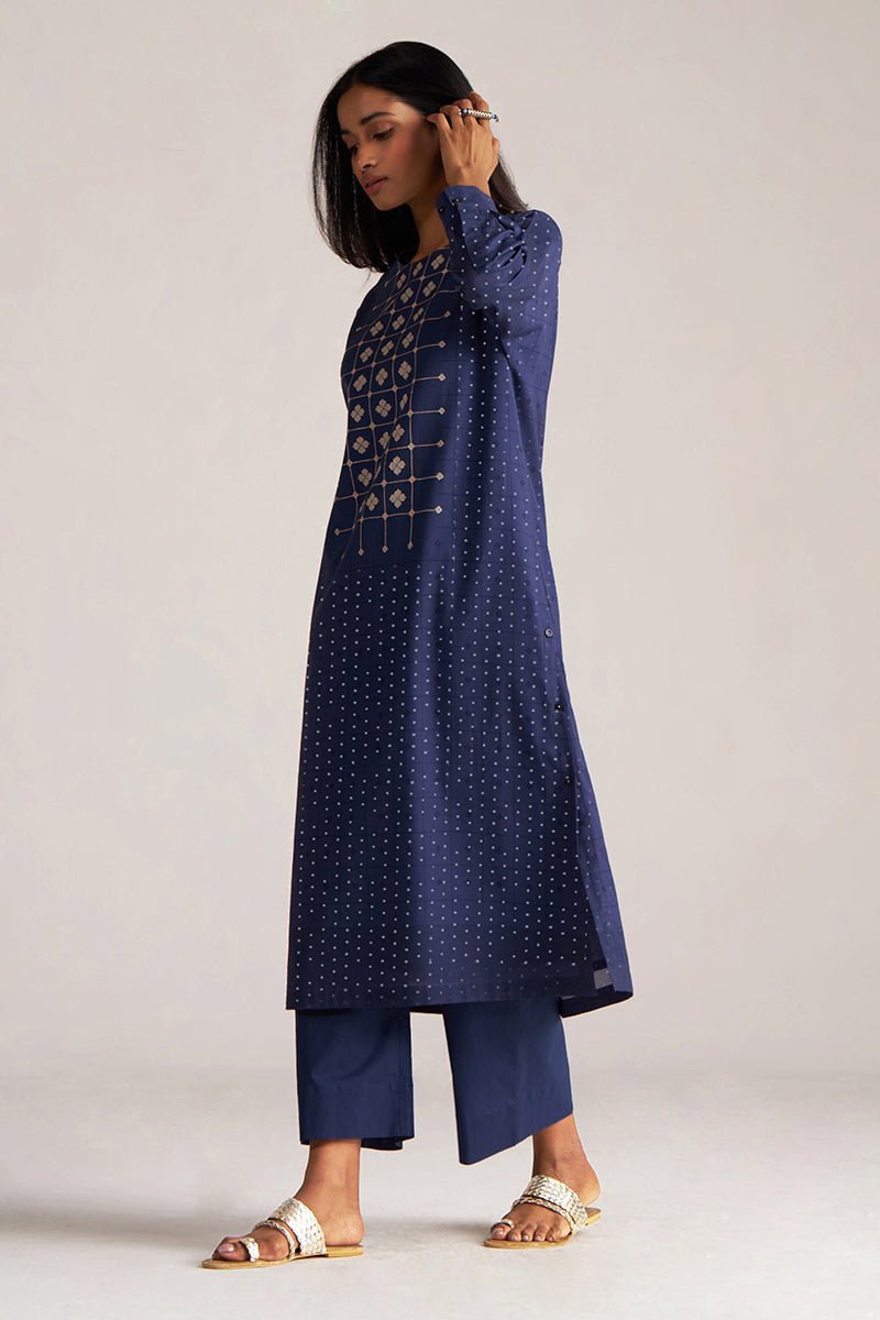 Blue and Off White Mul-Mul Print Co-ord Set