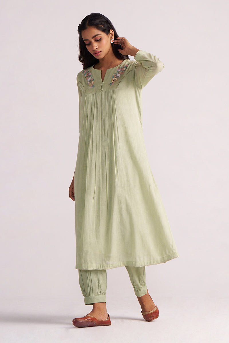Woman wearing a Quient Green Mul-Mul Co-ord Set on a white background