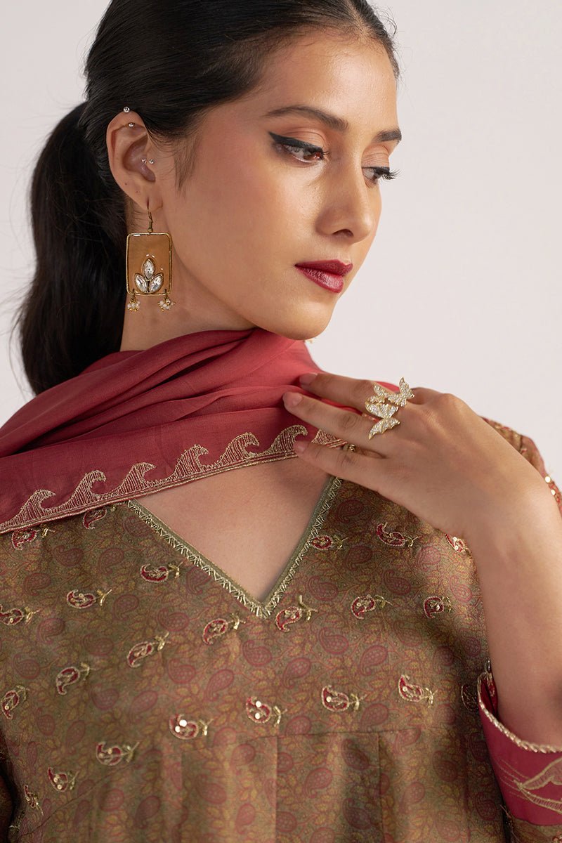 Lark Beige and Dull Maroon Tissue Print Kurta Set