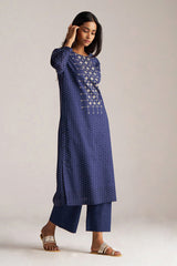 Blue and Off White Mul-Mul Print Co-ord Set