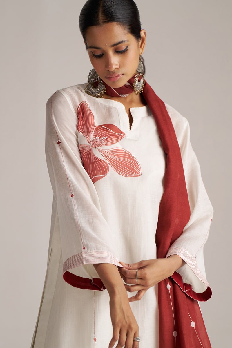Ivory and Maroon Pure Chanderi Kurta Set