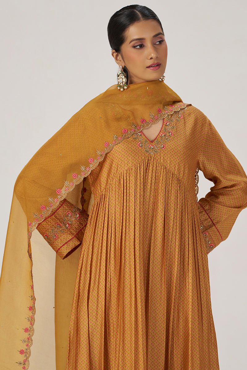 Light Mustard Print and Embroidered Festive Kurta Set - Ganga Fashions