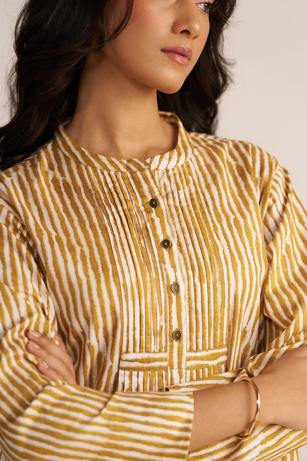 Mustard and White Print Cotton Kurta