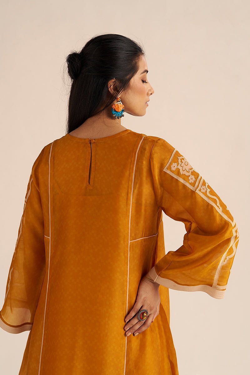 back side halg body view nugget yellow silk co ord set
