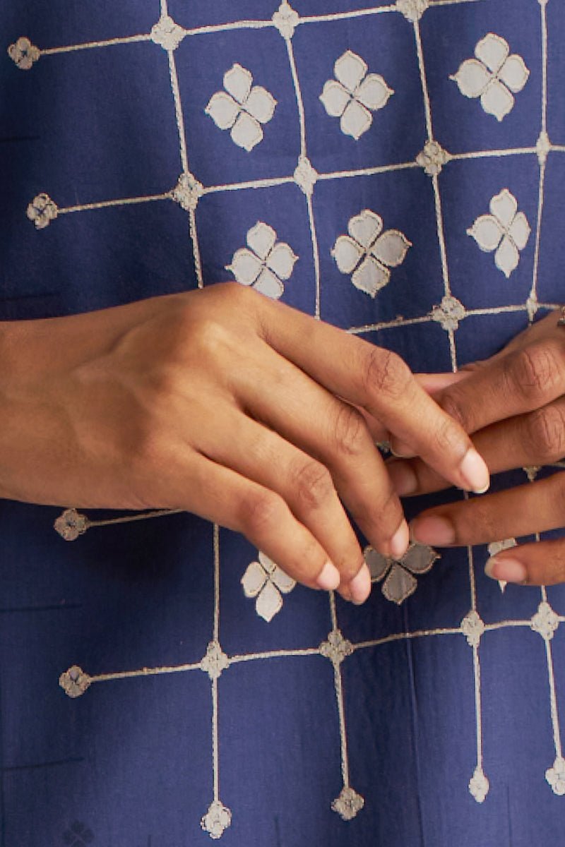 front hand model view Blue & Off White Mul Mul Print Co-Ord Set