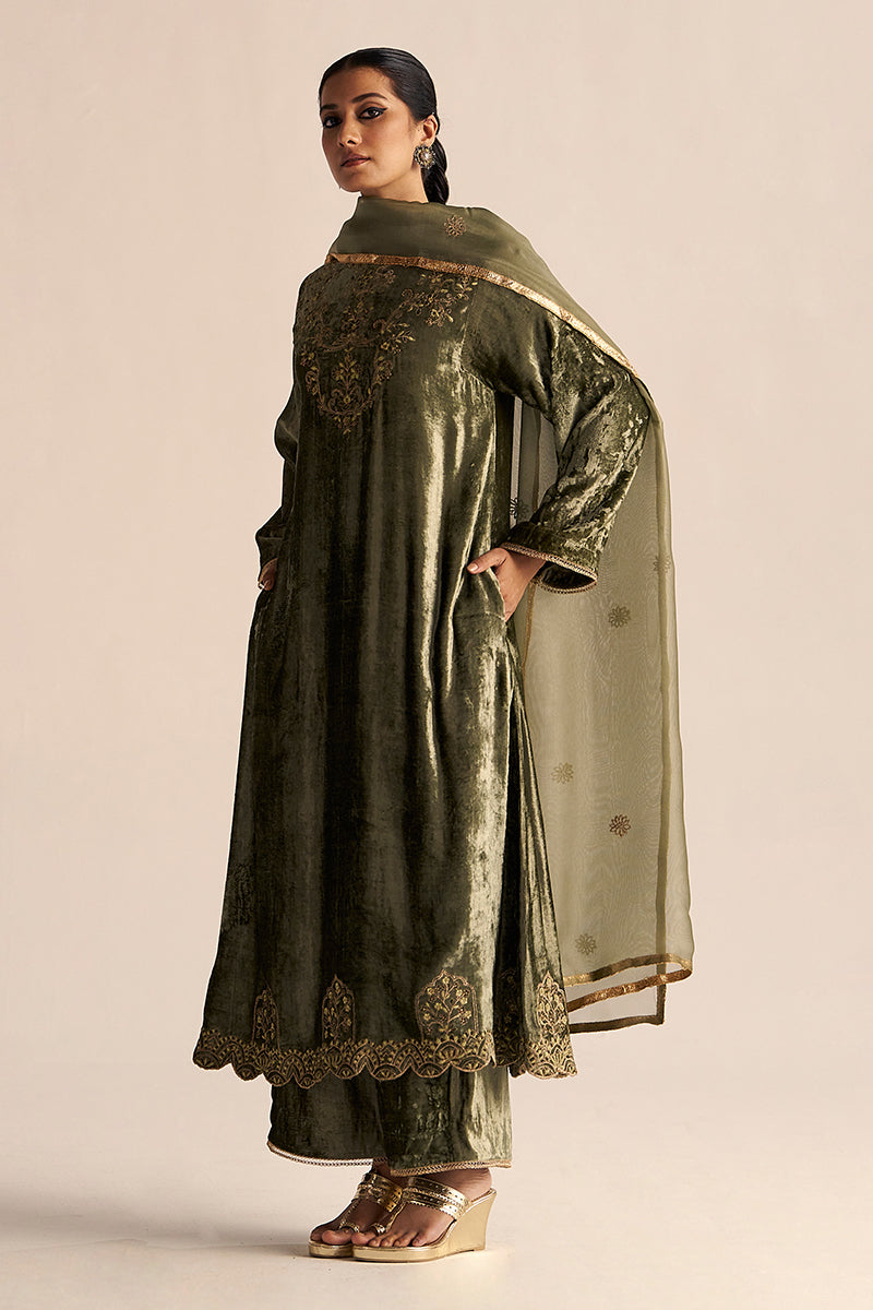 Deep Lichen Green Velvet Festive Kurta Set