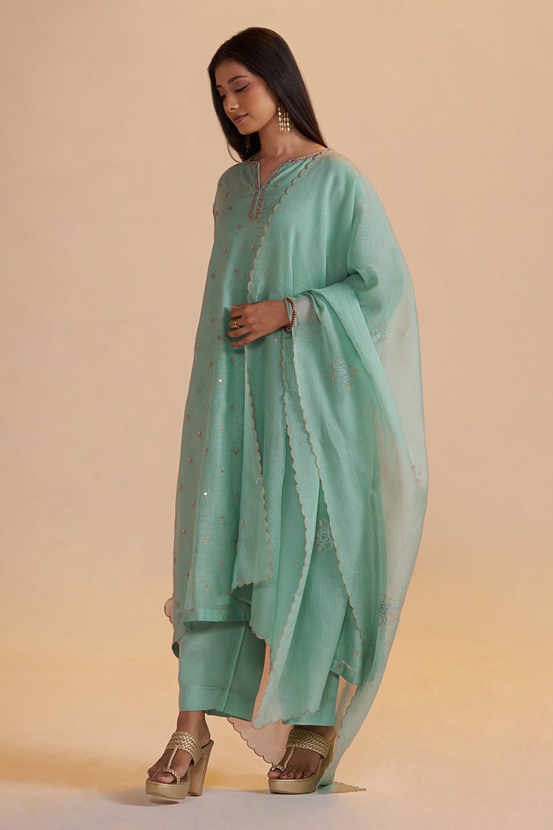 Pale Turquoise Chanderi Silk Festive Kurta Set - Ganga Fashions