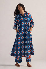 full body view Deep Blue Cotton Linen Printed Co-ord Set