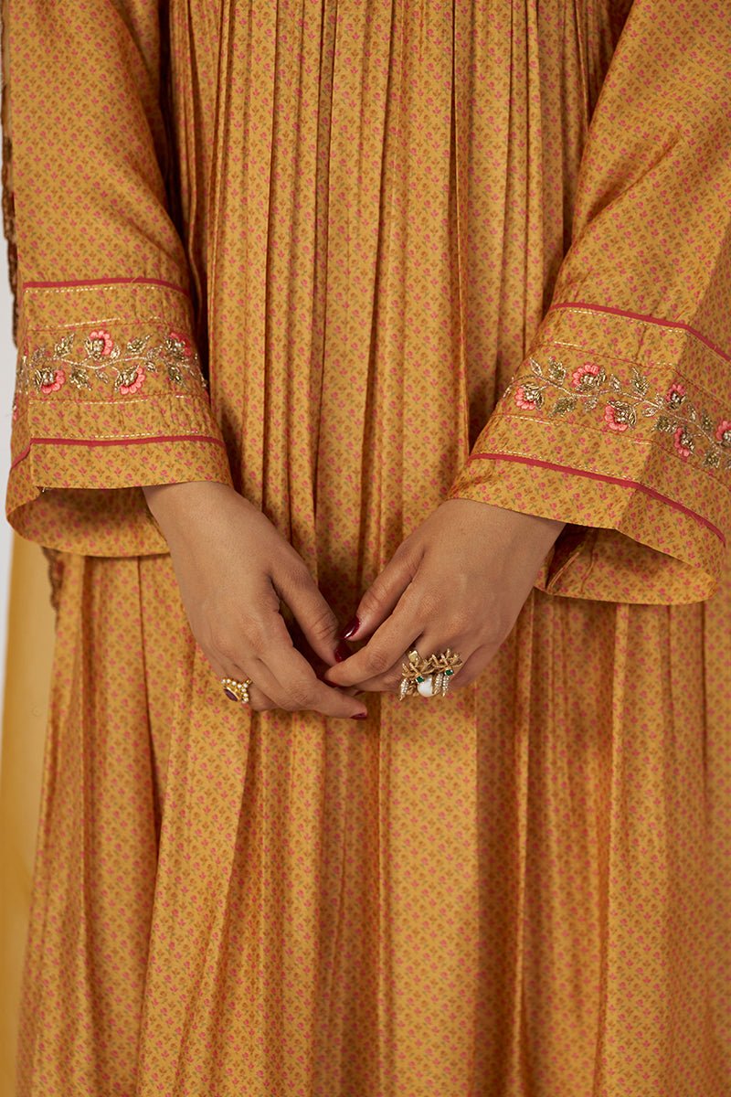 Light Mustard Print and Embroidered Festive Kurta Set - Ganga Fashions