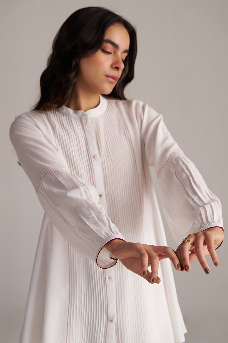Woman wearing a white long-sleeve dress against a plain background, Pure White Co-ord Set for Women | Rangmanch | Ganga Fashions