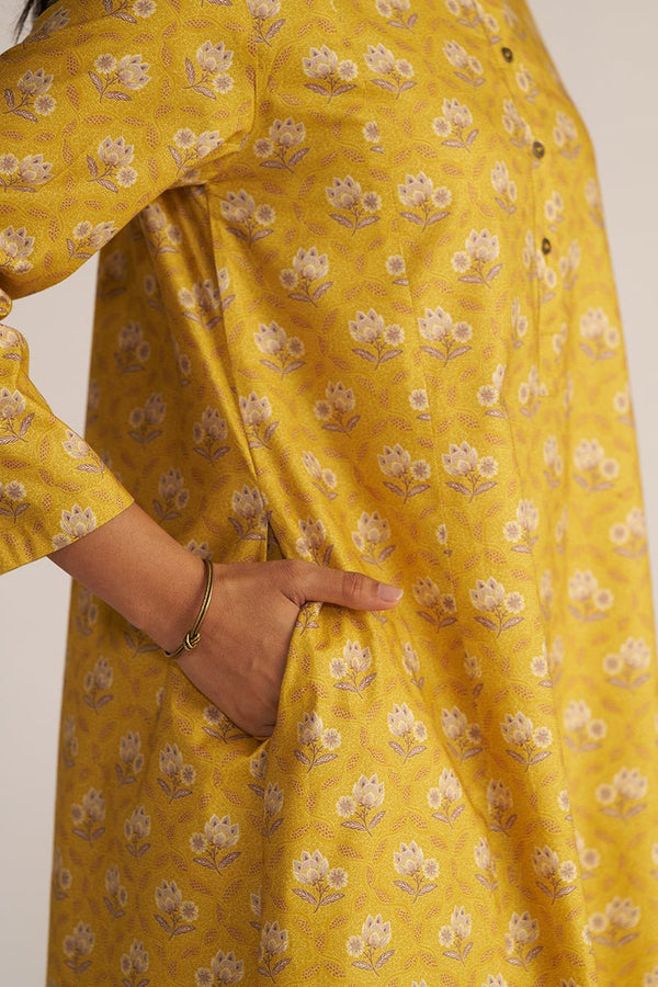 Mustard Yellow Print Cotton Kurta
