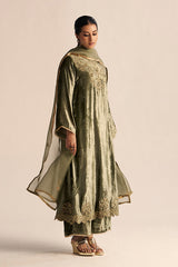 Deep Lichen Green Velvet Festive Kurta Set