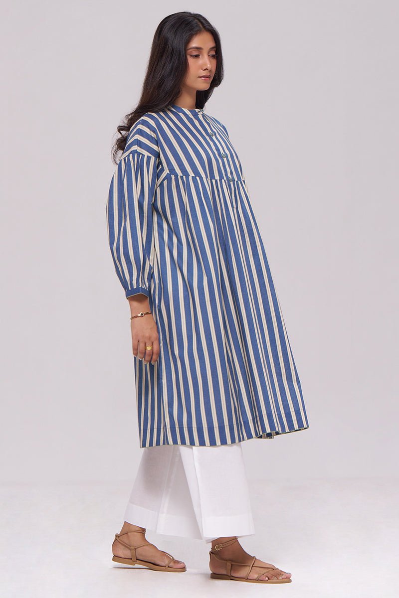Blue and Cream Striped Cotton Kurta With White Bottom Set