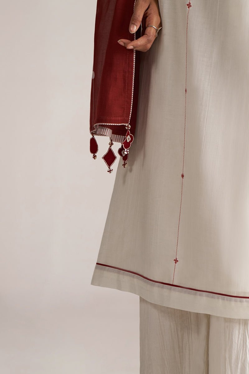 Ivory and Maroon Pure Chanderi Kurta Set