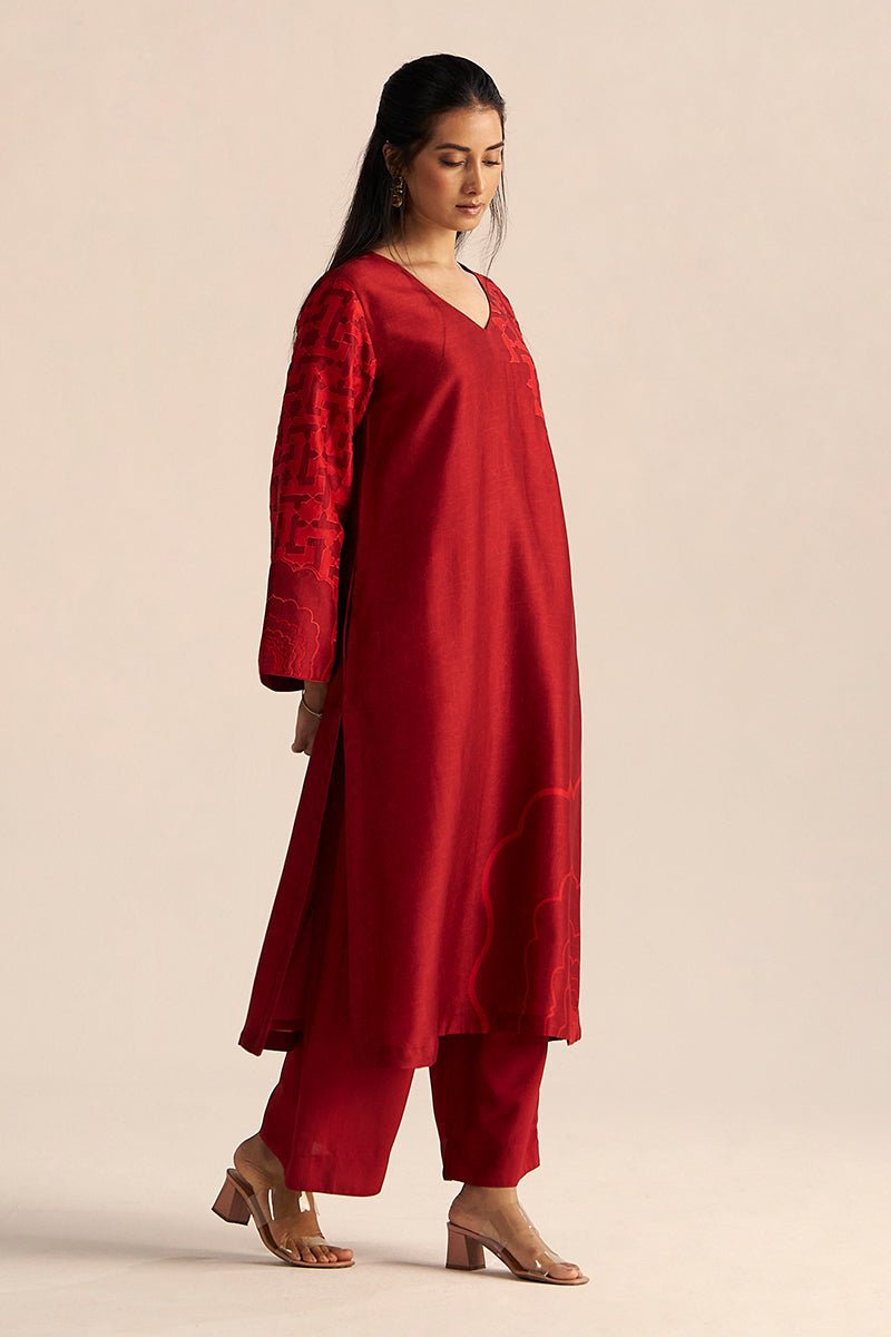 full body model view Chilli Pepper Silk Co-ord Set with Bold Embroidery