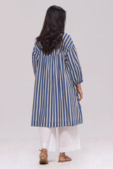 Blue and Cream Striped Cotton Kurta With White Bottom Set
