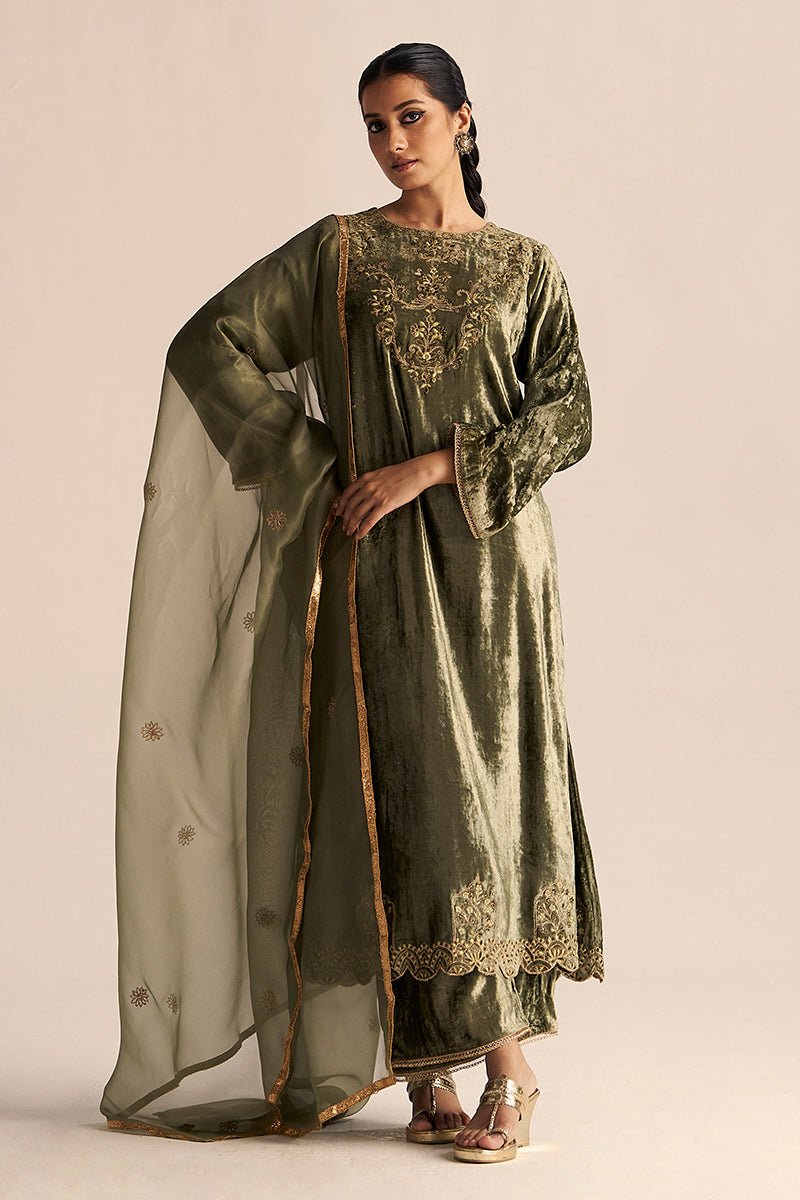 Full Body View Deep Lichen Green Velvet Festive Kurta Set with Kora Silk Dupatta