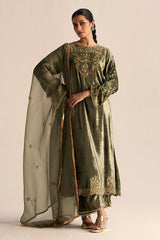 Deep Lichen Green Velvet Festive Kurta Set