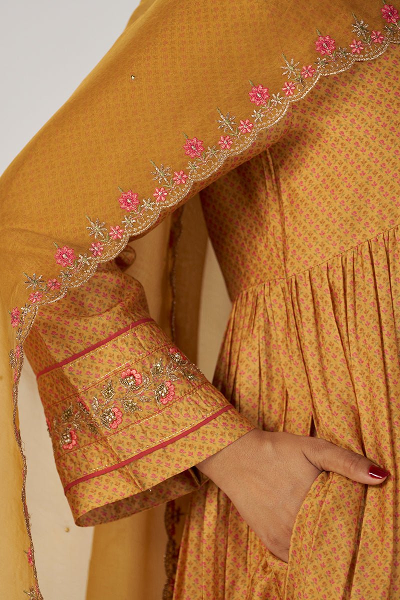 Light Mustard Print and Embroidered Festive Kurta Set - Ganga Fashions