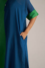 Blue dress with green sleeves worn by a person against a neutral background | Blue and Green Mul Mul Co Ord Set