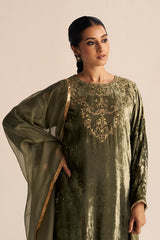 Deep Lichen Green Velvet Festive Kurta Set