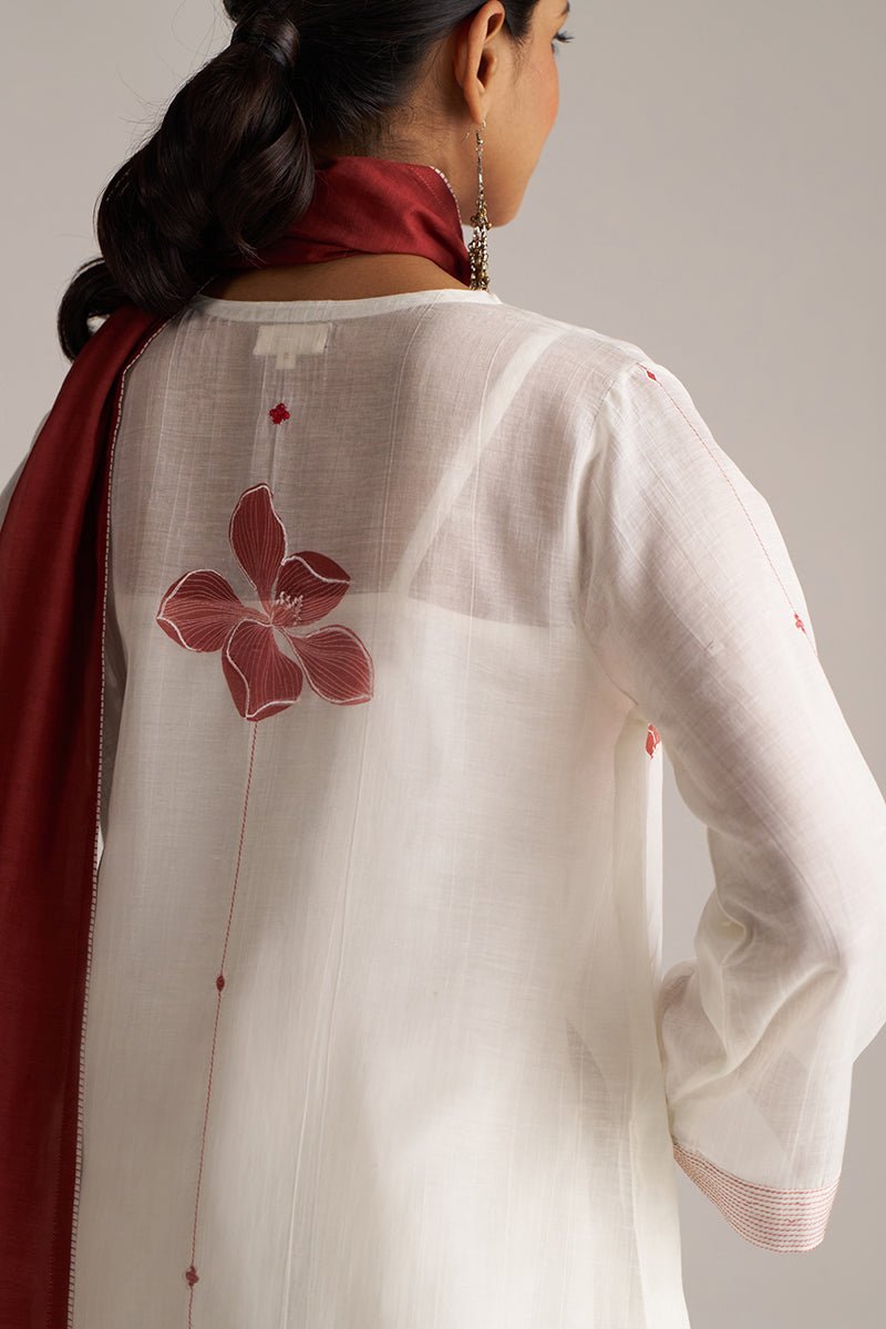 Ivory and Maroon Pure Chanderi Kurta Set