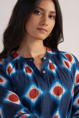 model front view Deep Blue Cotton Linen Printed Co-ord Set