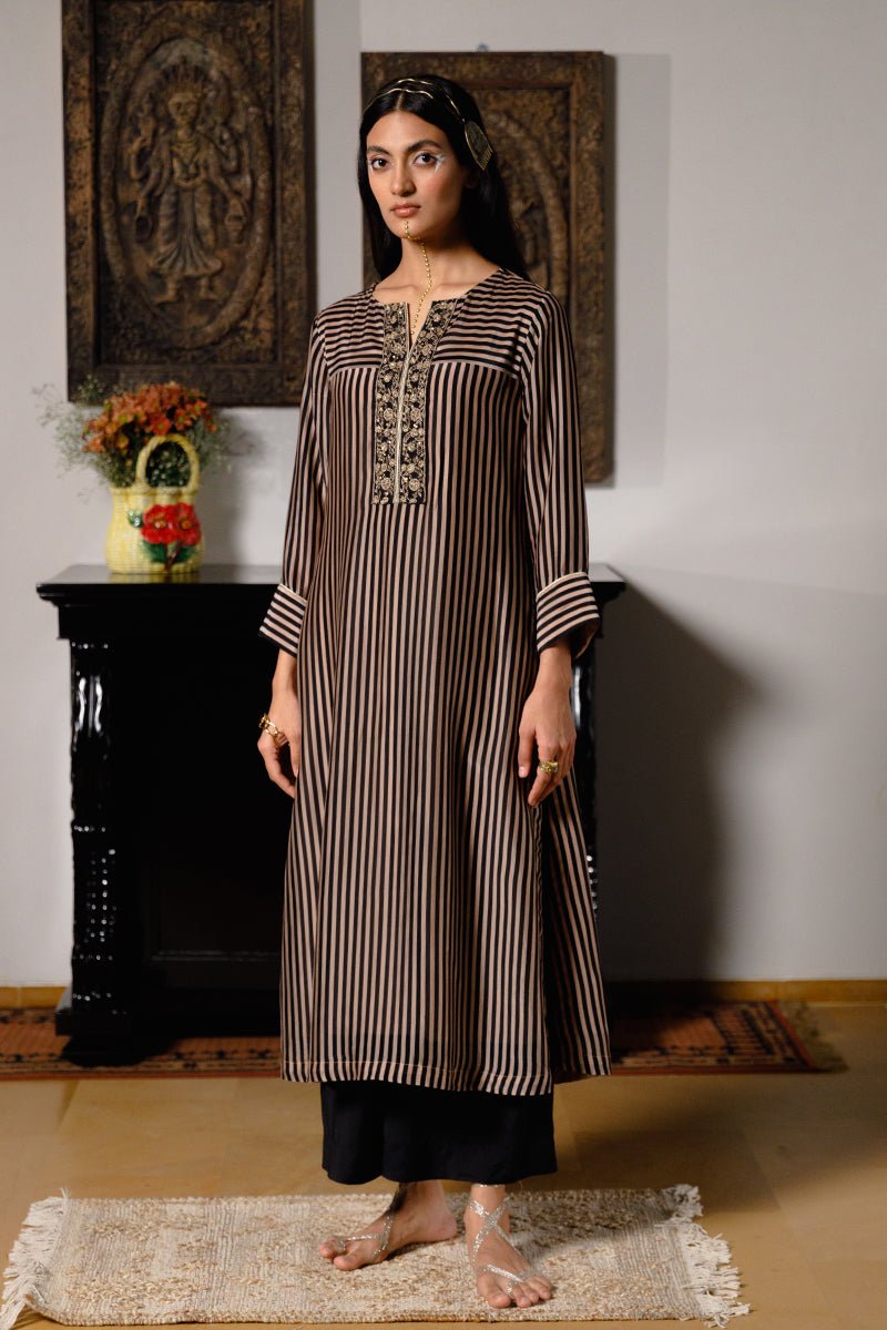 Black and Beige Striped Bemberg Silk Festive Co-ord Set