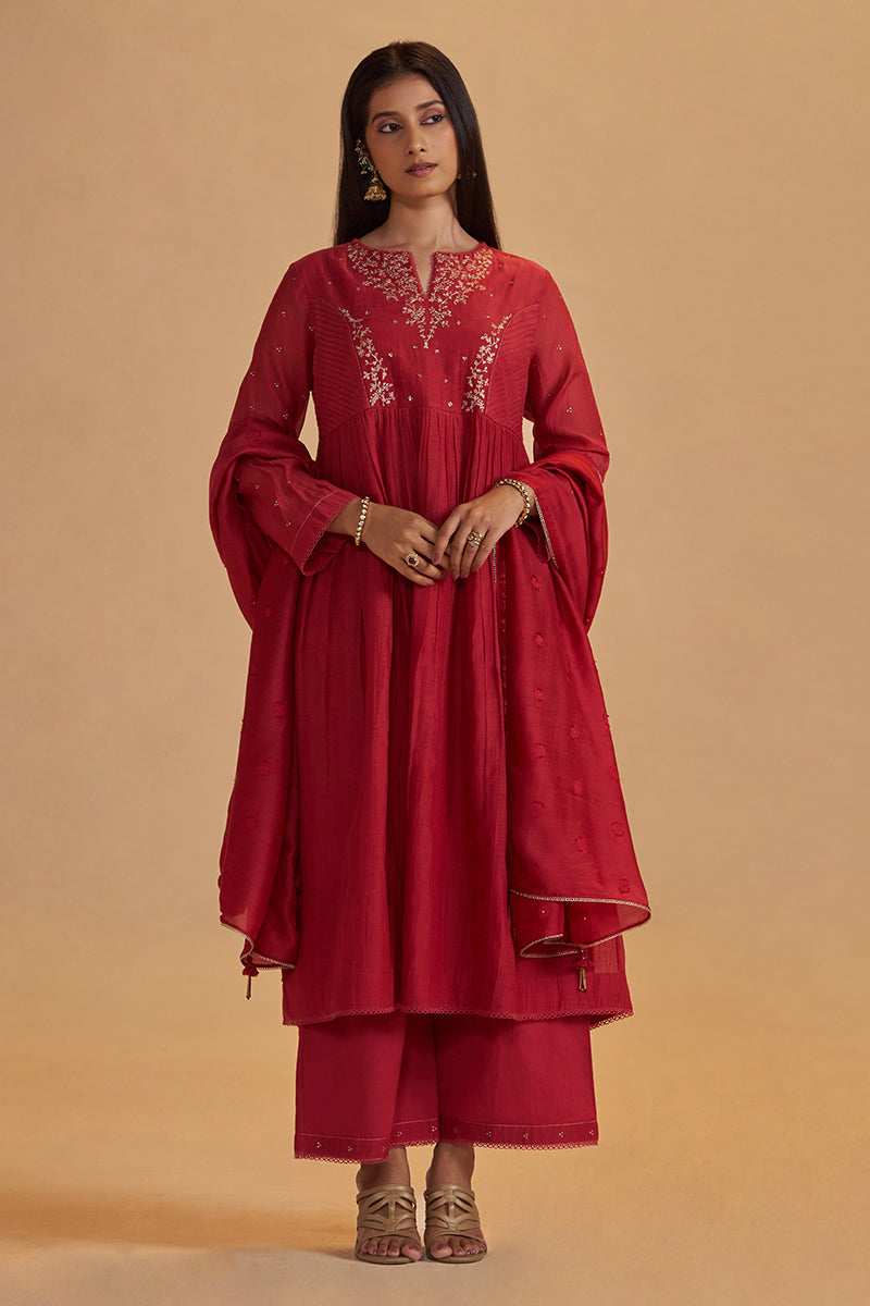 Rich Red Chanderi Silk Festive Kurta Set