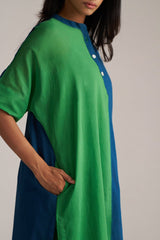 Green and blue dress worn by a person on a plain background | Blue and Green Mul Mul Co Ord Set