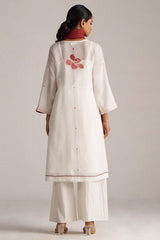 Ivory and Maroon Pure Chanderi Kurta Set
