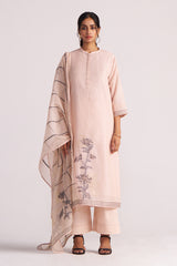 Woman wearing a Sepia Rose Woven Chanderi Kurta Set and a matching dupatta on a white background