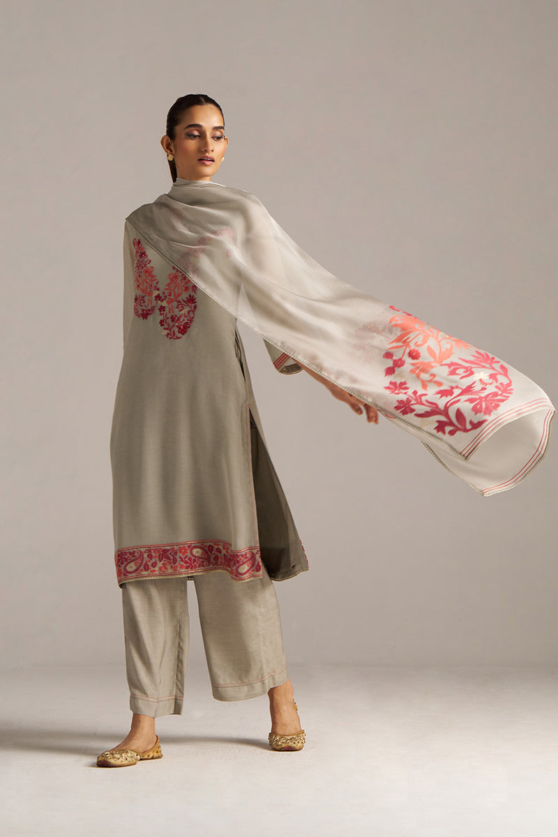 Grey Woven Orgenza Kurta Set